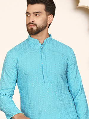 ANOUK Men Embroidered Straight Kurta(Blue)