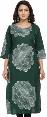 SARANS Women Printed, Geometric Print Straight Kurta(Dark Green, White)