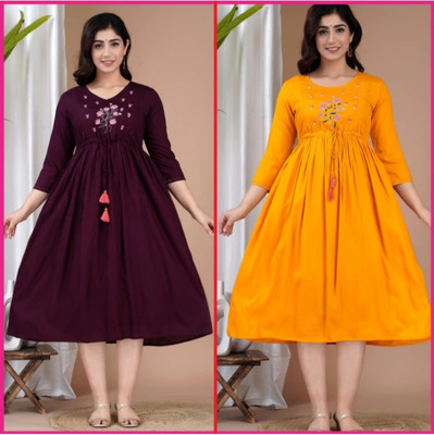 ANSHIKA DESIGNER Women Embroidered Gown Kurta(Yellow, Maroon)