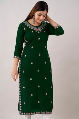 Sehrish Store Women Embroidered Straight Kurta(Green)