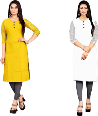 HOFC Women Solid Straight Kurta(Yellow, White)