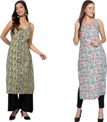 KAUTAQI Women Printed Straight Kurta(Multicolor)
