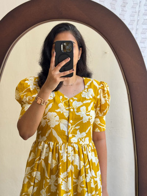 KUnzkes Women Printed Anarkali Kurta(Yellow)