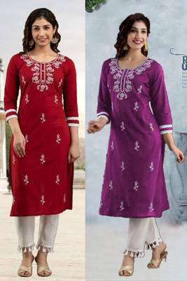 vikshi Women Chikan Embroidery Straight Kurta(Multicolor)