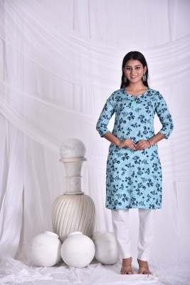 Jovialthreads Women Floral Print Straight Kurta(Light Blue)