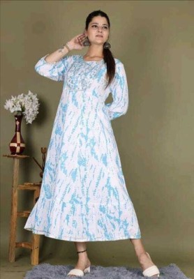 CHARVI CREATION Women Printed, Embroidered Flared Kurta(White, Blue)