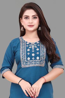 ANITA LYCRA Women Embroidered A-line Kurta(Blue)