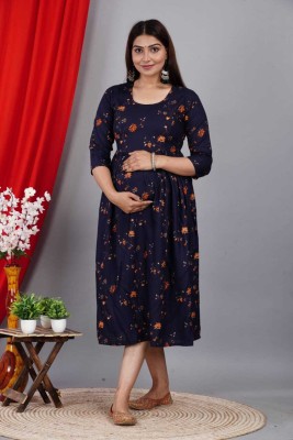 Keshav Creation Women Printed A-line Kurta(Dark Blue, White, Orange)