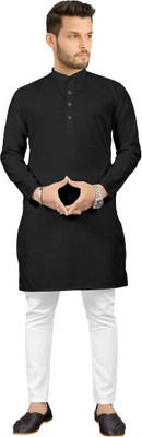 kanha creation Men Solid Straight Kurta(Black)