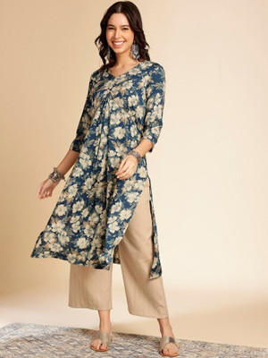 ANOUK Women Printed A-line Kurta(Dark Blue)