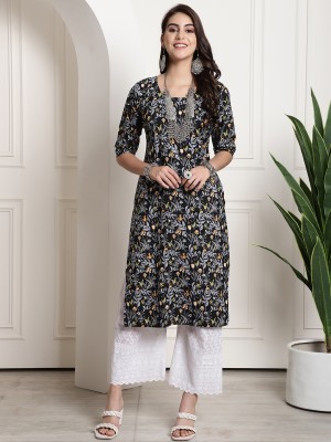 EthnicBasket Women Printed Straight Kurta(Black)