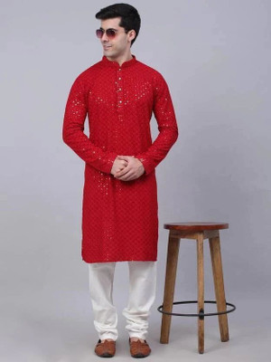 DHASU TRENDZ Men Embellished, Chikan Embroidery Straight Kurta(Red)