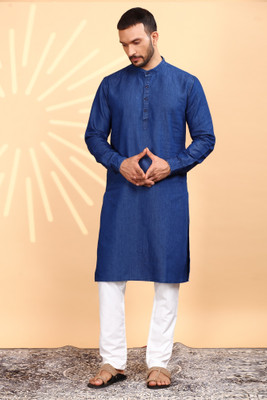 SK Creation Men Solid Straight Kurta(Blue)