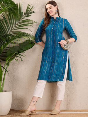 ANOUK Women Geometric Print Straight Kurta(Blue)