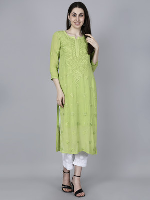The Chikankari Story Women Chikan Embroidery Straight Kurta(Green)