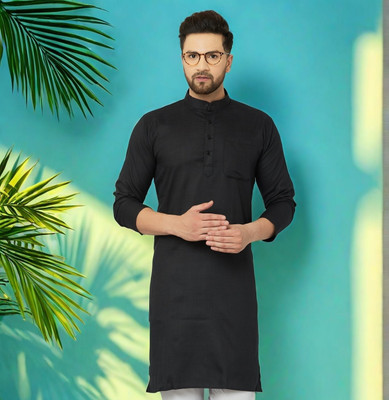 LEMONX Men Solid Straight Kurta(Black)