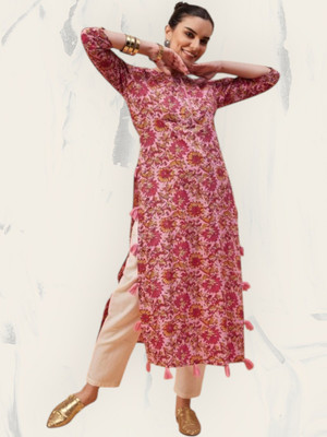PRAYAARI FASHIONS Women Self Design Straight Kurta(Pink)