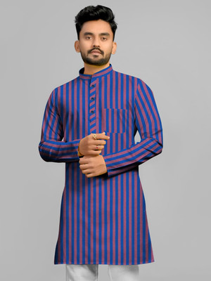Afifa Collections Men Striped Straight Kurta(Blue, Maroon)