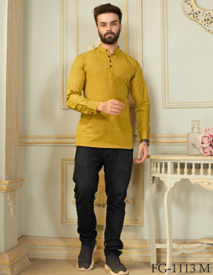 Harekrishna creation Men Striped A-line Kurta(Yellow)