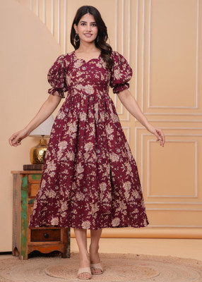 Giabella Women Floral Print A-line Kurta(Maroon, Beige)