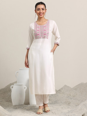 LIBAS Women Embroidered Straight Kurta(White)