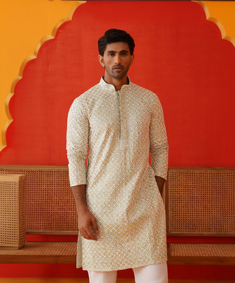 Jompers Men Embroidered Straight Kurta(Beige)