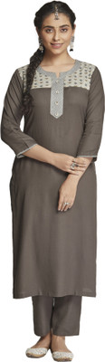 Women Plus Women Patchwork Straight Kurta(Grey)