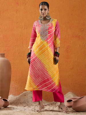 Indo Era Women Embroidered Straight Kurta(Yellow)
