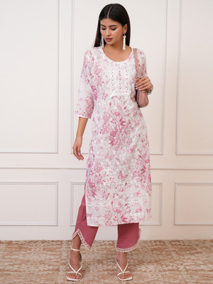 Vishudh Women Embroidered Straight Kurta(White, Pink)