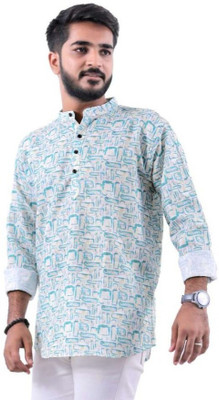 KRISHNASHART Men Printed Straight Kurta(Light Blue)