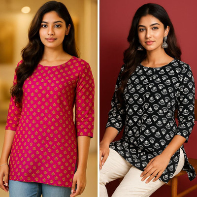 mahi creation Women Printed, Block Print Straight Kurta(Pink, Black)