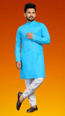 M Biswas Men Solid A-line Kurta(Light Blue)