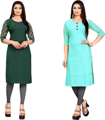 HouseOfCommon Women Solid Straight Kurta(Dark Green, Blue)