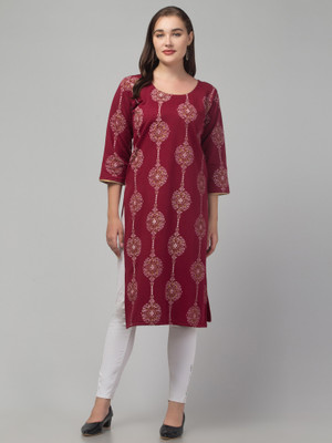 HouseOfCommon Women Geometric Print A-line Kurta(Maroon)
