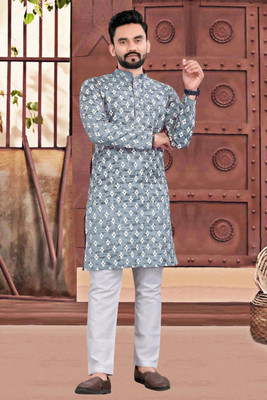 VALAKI Men Embroidered Straight Kurta(Grey, White)