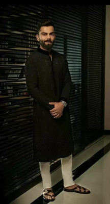 HIT AND FIT CREATION Men Embroidered Pathani Kurta(Black)