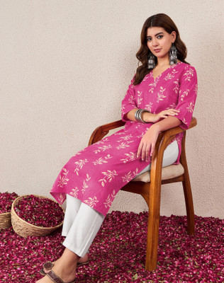 Skylee Women Printed Straight Kurta(Pink, Beige)