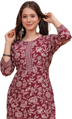 DAEVISH K Women Floral Print Straight Kurta(Maroon)