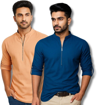 MAHIRAN Men Solid Straight Kurta(Orange, Dark Blue)