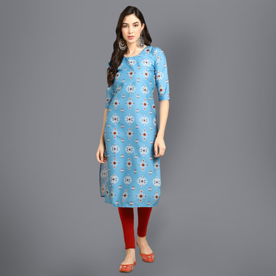 EthnicBasket Women Printed Straight Kurta(Blue)