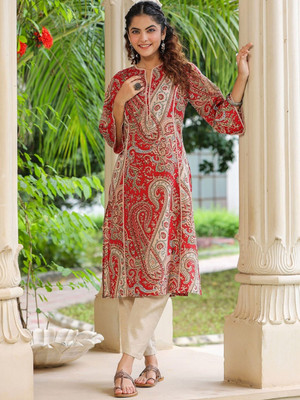 RILAKE Women Printed Straight Kurta(Red)