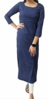 STITCHFINE Women Striped Straight Kurta(Blue)