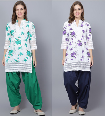 trendzmy Women Floral Print Straight Kurta(Green, Purple)