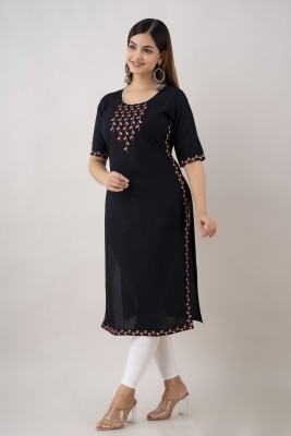 Kapadia Women Embroidered Straight Kurta(Black)