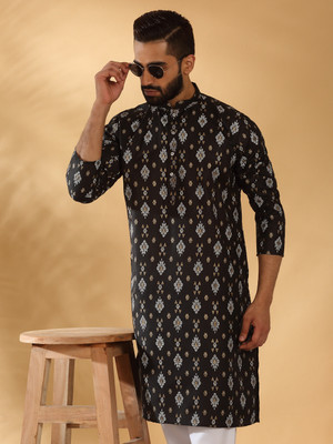 kraft india Men Geometric Print Straight Kurta(Black)