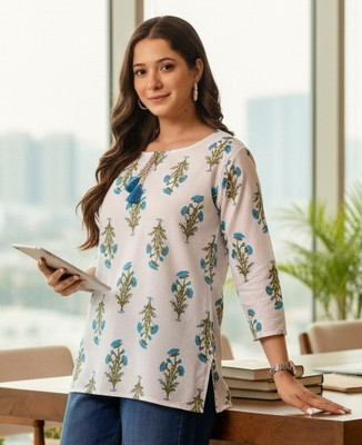 HYTEN Women Floral Print Straight Kurta(Blue)