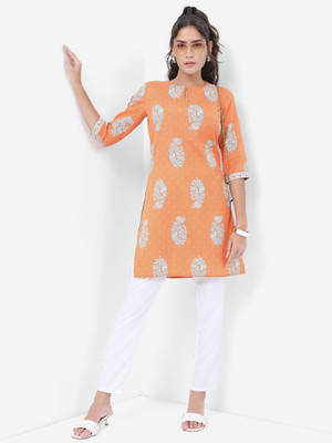 Vishudh Women Printed A-line Kurta(Orange, Light Blue, White)