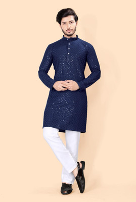 FREYA CREATION Men Embellished Straight Kurta(Dark Blue)