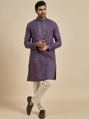 ANOUK Men Floral Print Straight Kurta(Purple)