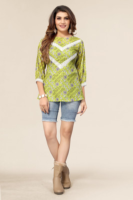 Winza Designer Women Floral Print Cape Top Kurta(Light Green)